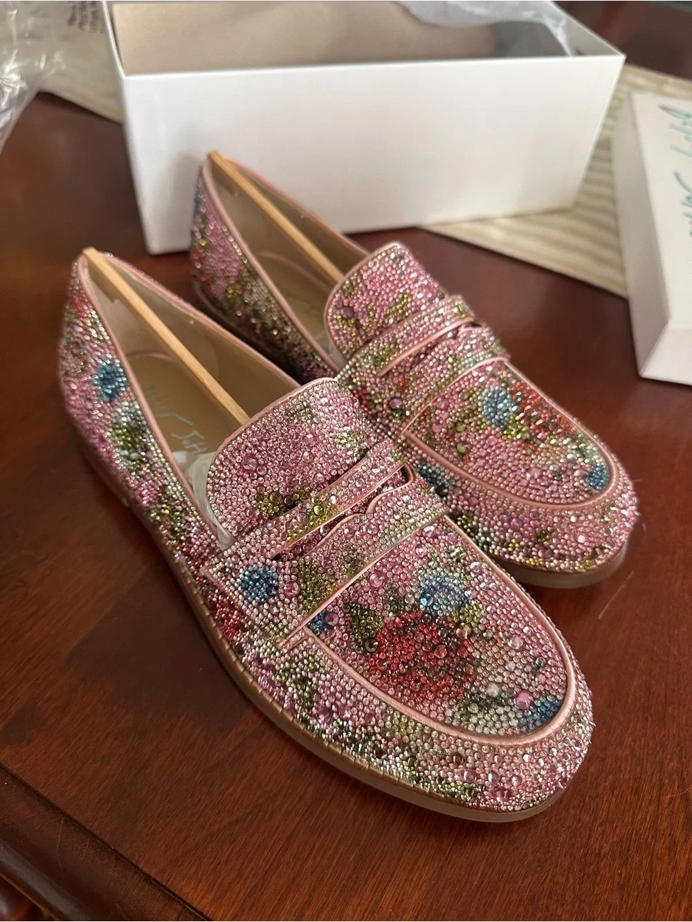 Betsey Johnson Pink Crystal Floral Embellished Loafers